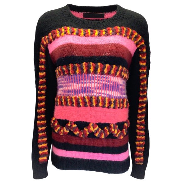 THE ELDER STATESMAN BLACK / PINK MULTI HAND KNIT 3D MANTRA CREWNECK SWEATER - Picture 1 of 4